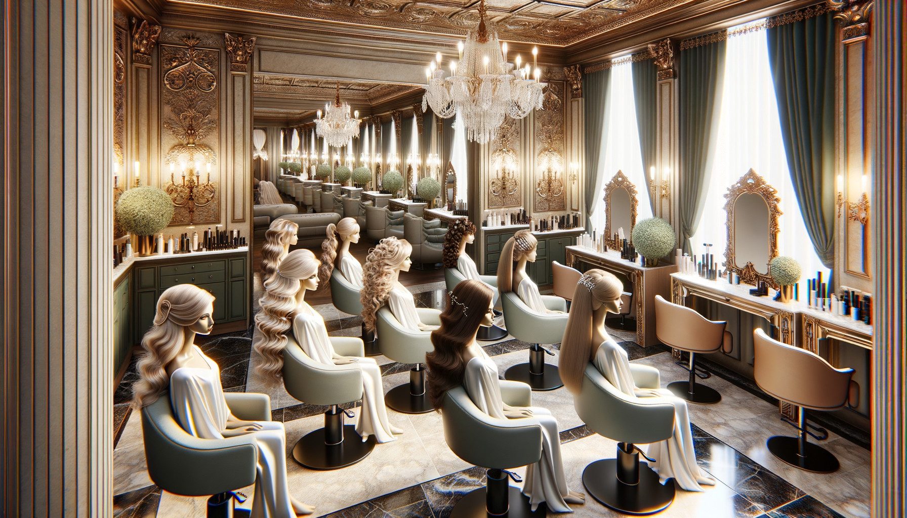 Luxurious hair salon with mannequins and ornate decor