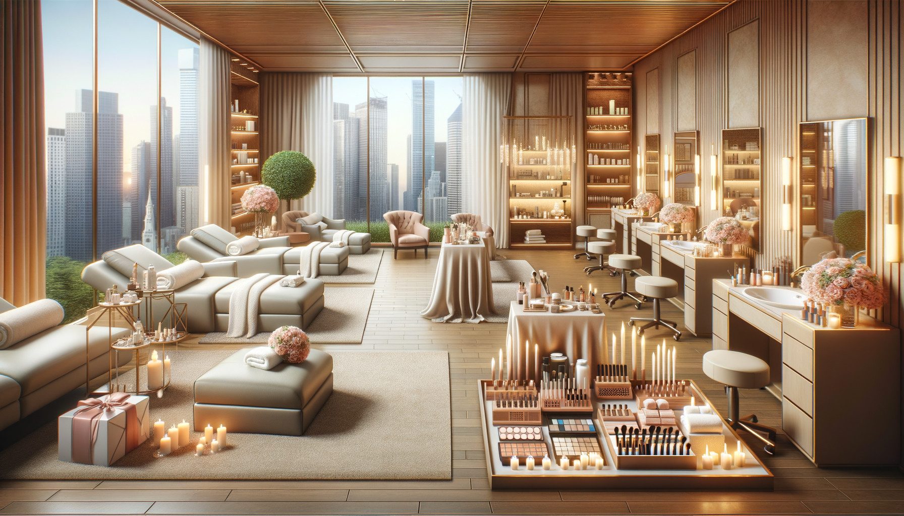 Luxury spa interior with city skyline view