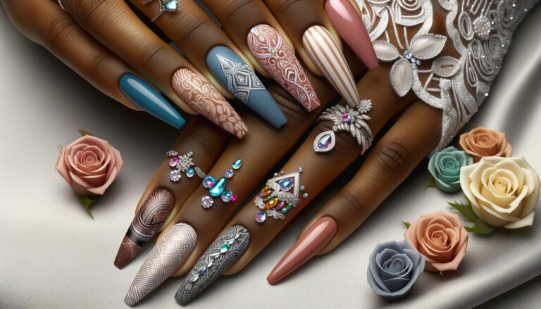 Ornate long manicured nails with jewels and roses