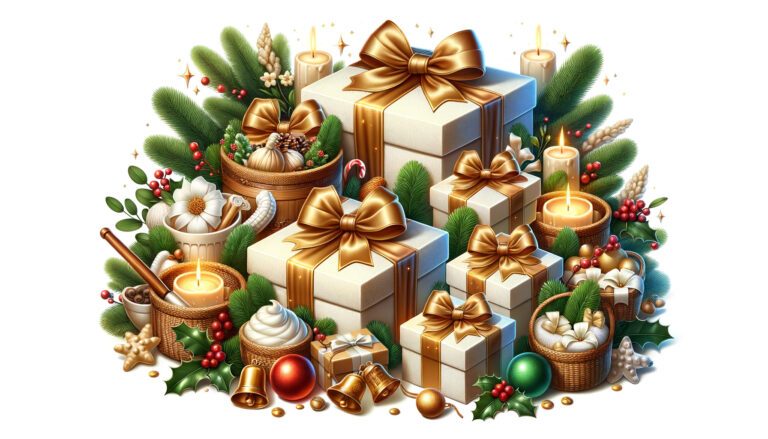 Christmas gift boxes with candles and holly decorations