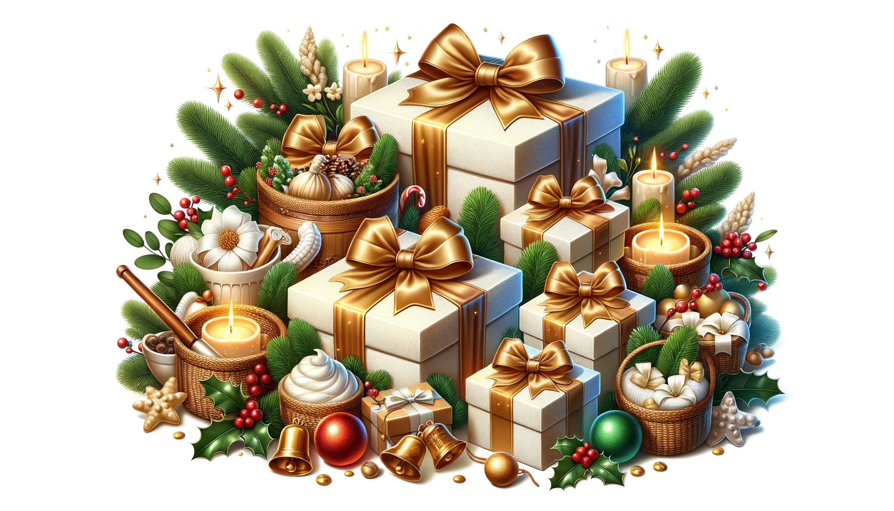 Christmas gift boxes with candles and holly decorations