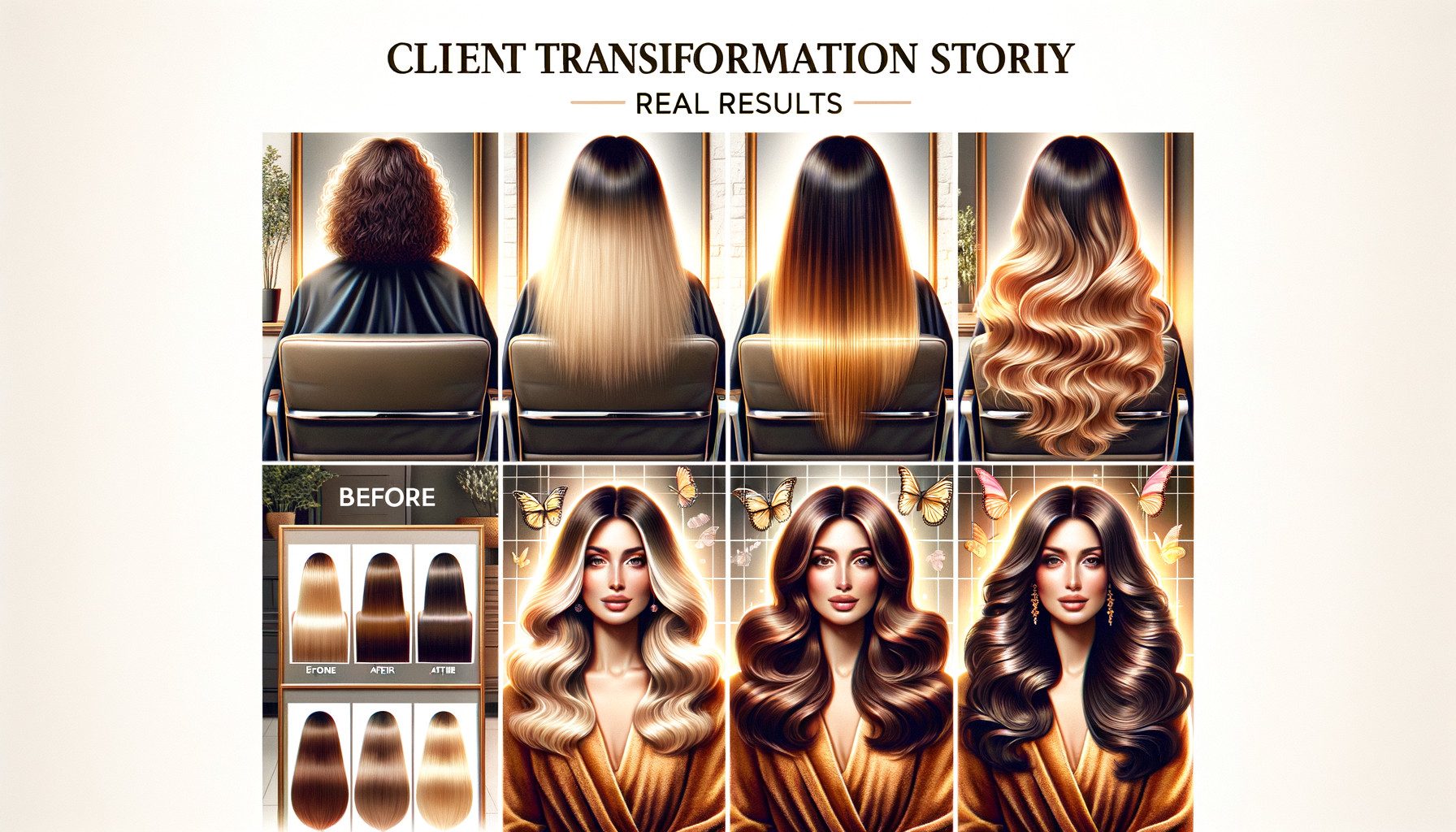 Before and after hair transformation with glossy waves