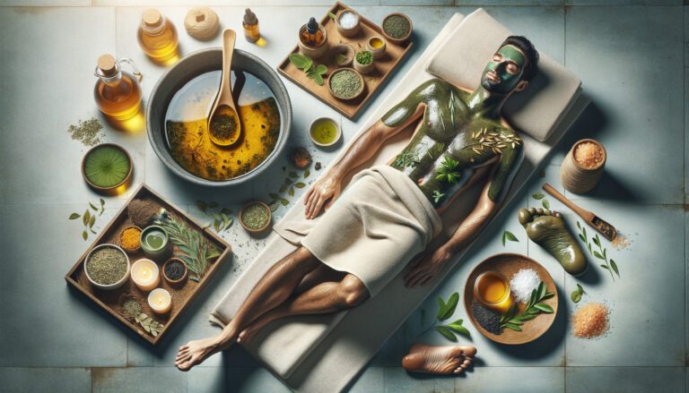 Man receiving herbal body mask spa treatment