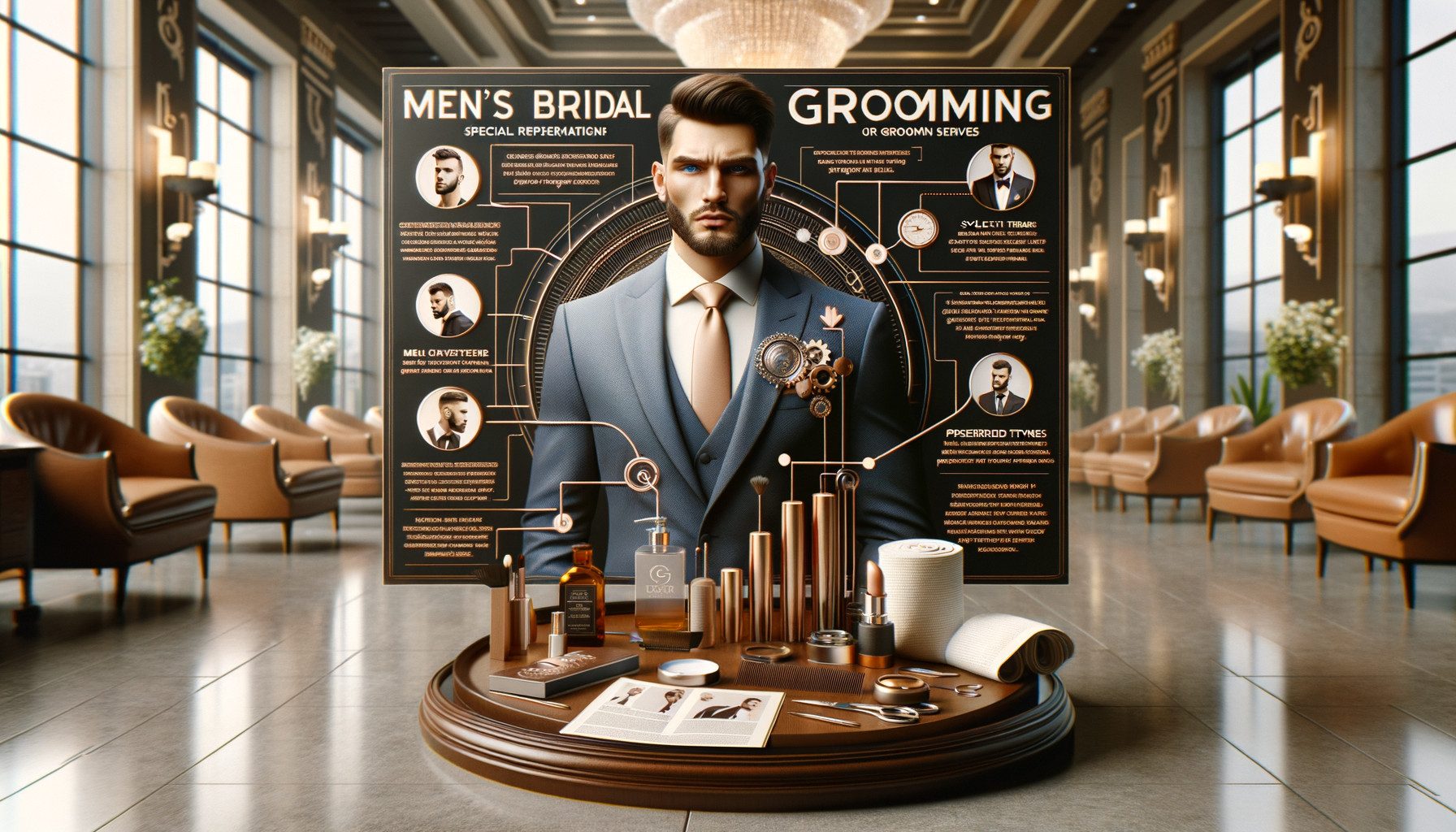 Men's bridal grooming display with suited model and products