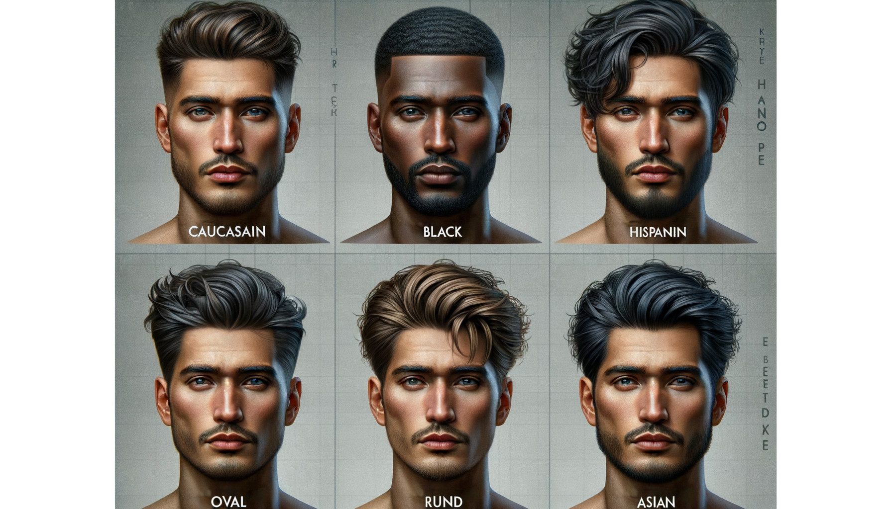 Grid of male portraits labelled by ethnicity and face shape