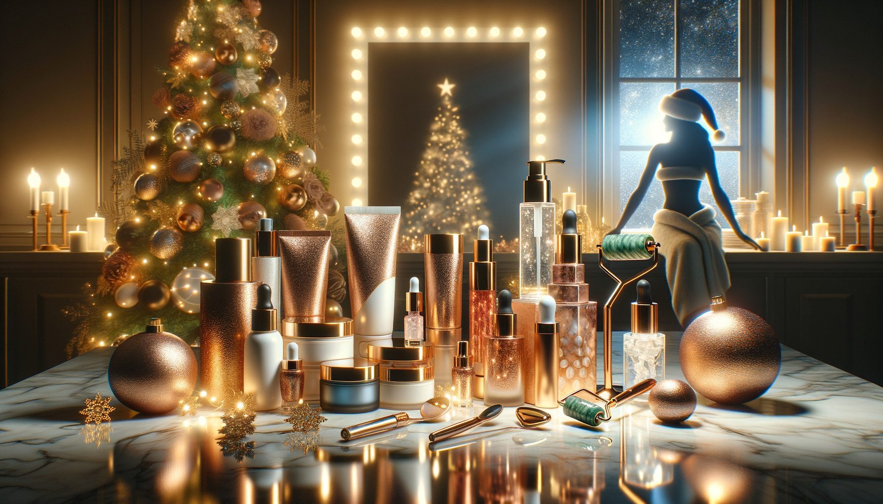 Festive skincare products beside Christmas tree and candles
