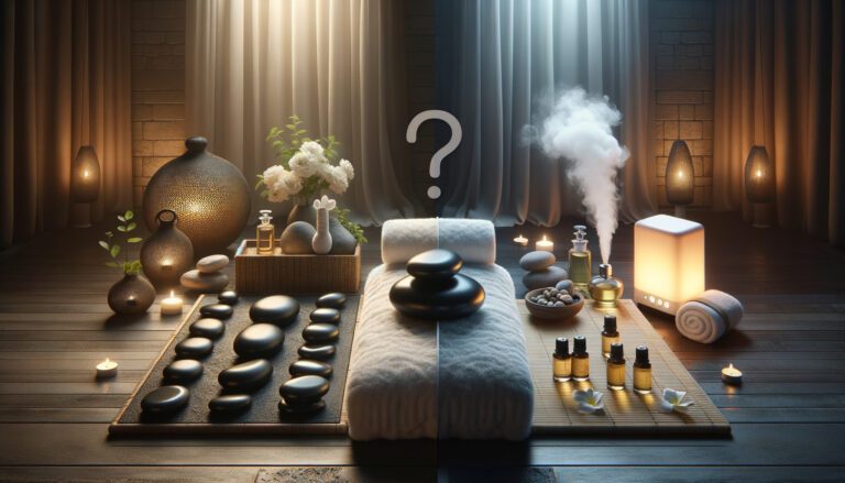 Split spa scene: hot stones and aromatherapy diffuser