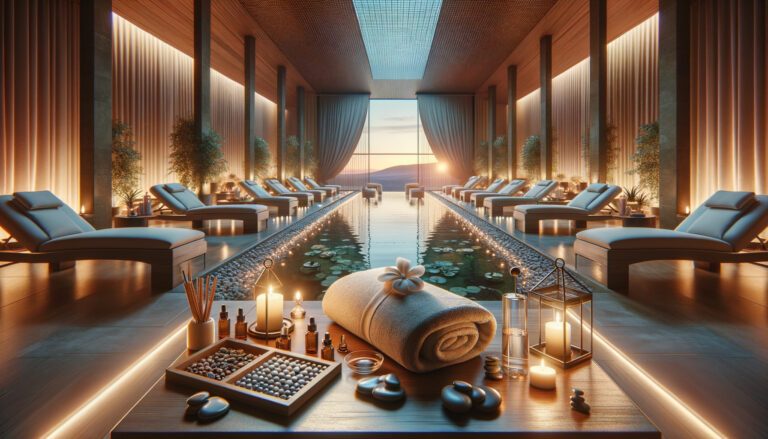 Luxury spa interior with pool and sunset view