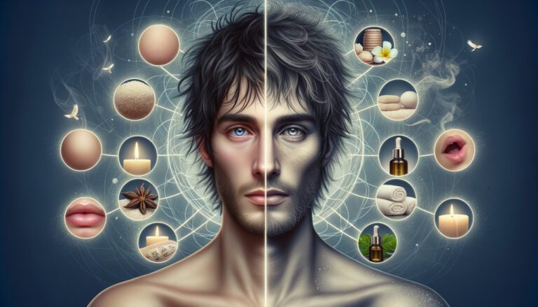 Split male face surrounded by spa and skincare icons