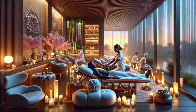 Luxury spa interior with massage and candlelight at sunset