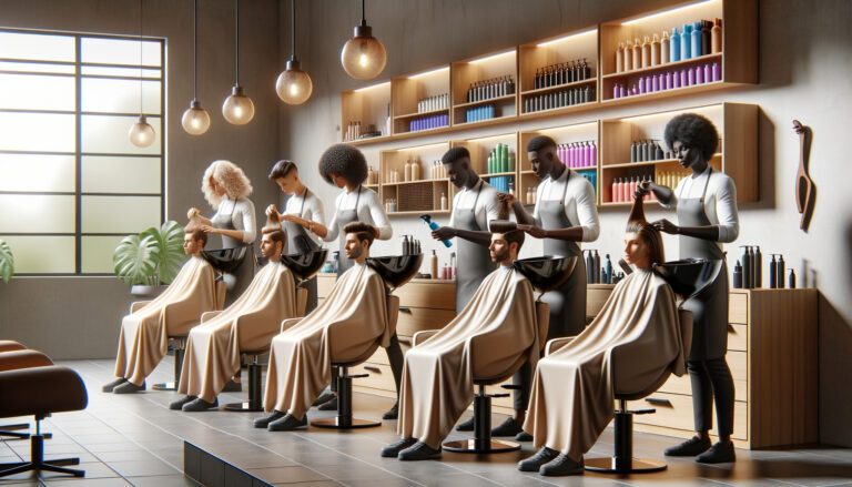 Stylists cutting clients' hair in modern salon.