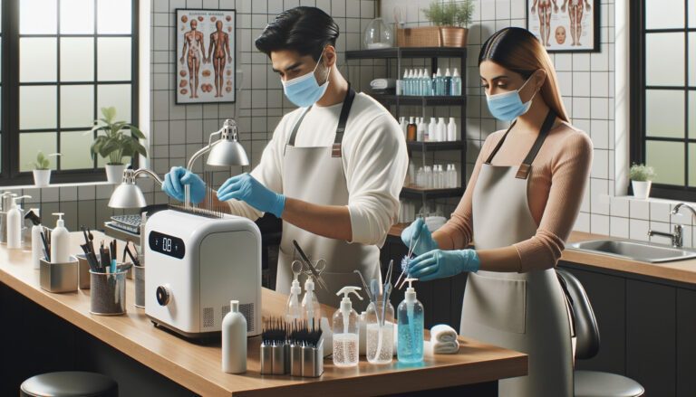 Two masked technicians sterilising tools in clinic
