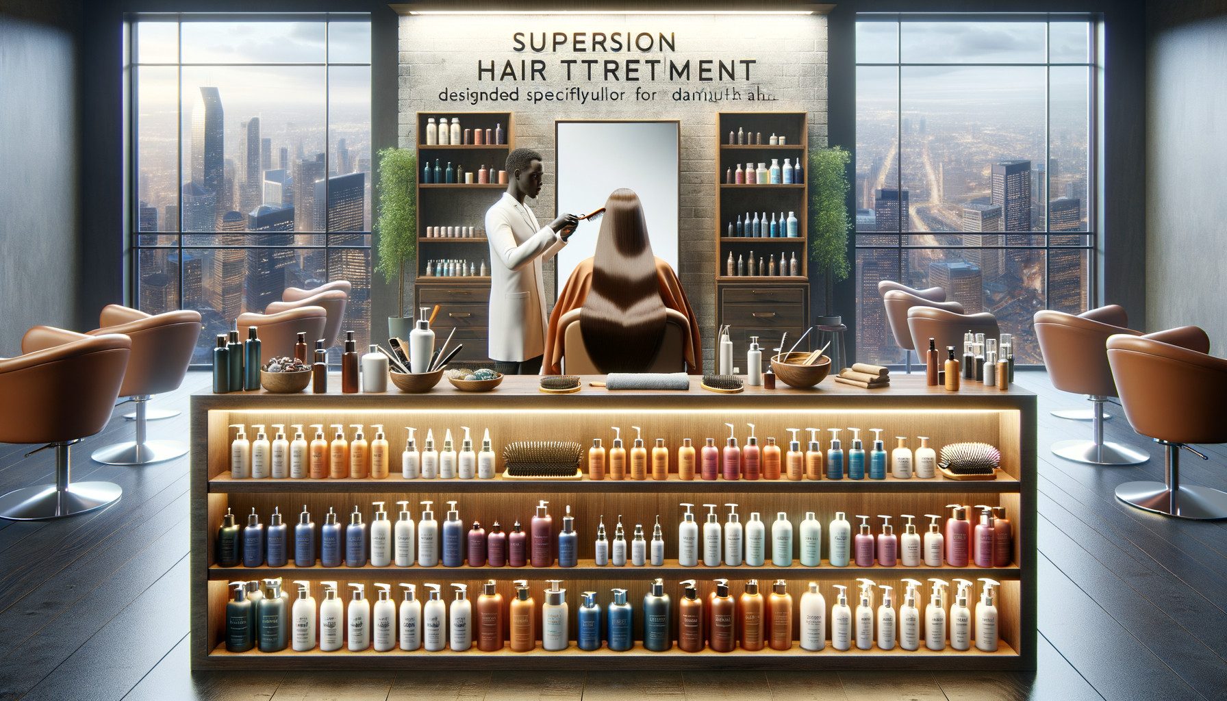 Modern salon hair treatment with city skyline view