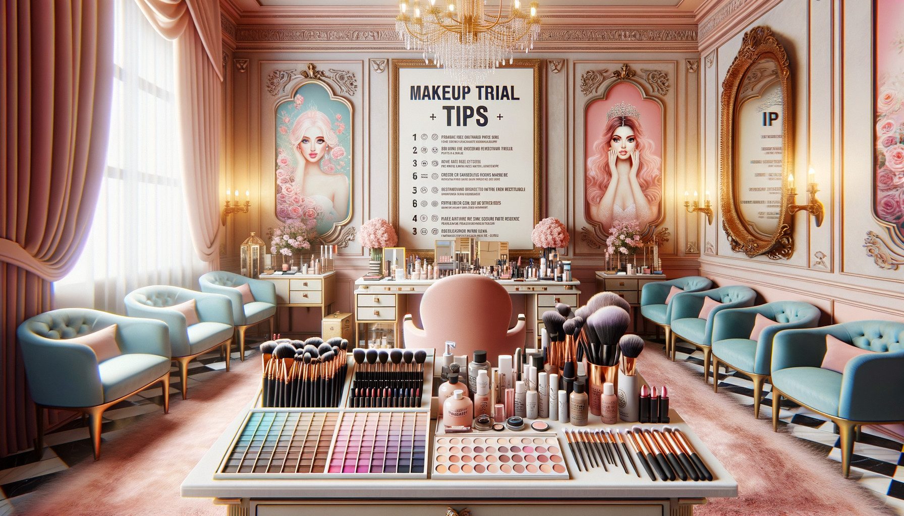 Elegant makeup studio with cosmetics and pastel decor