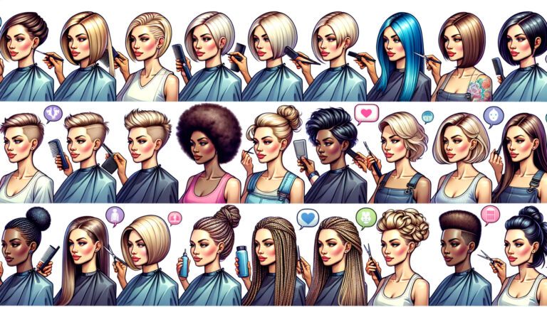 Illustrated women showcasing diverse modern hairstyles and cuts