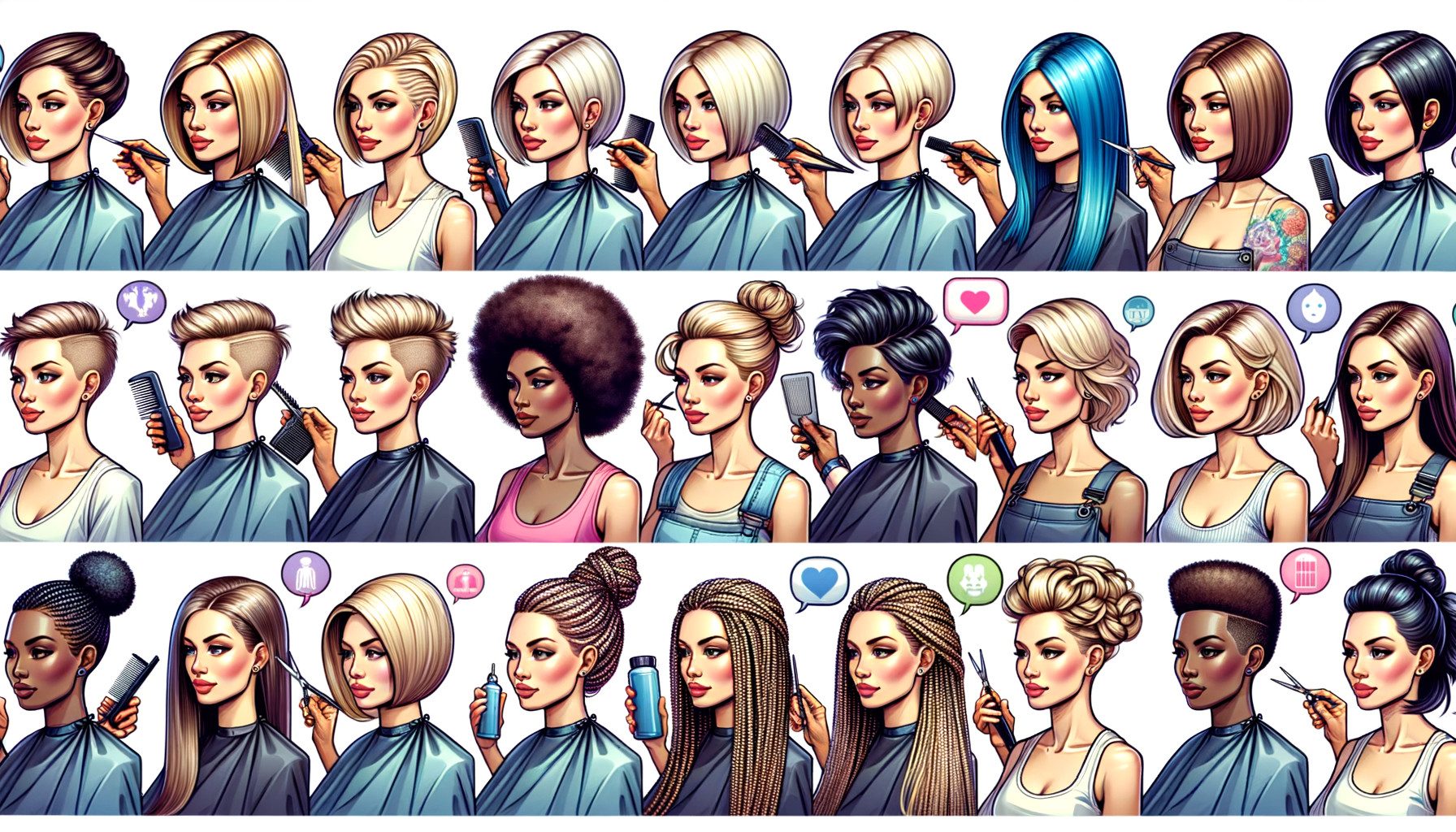 Illustrated women showcasing diverse modern hairstyles and cuts