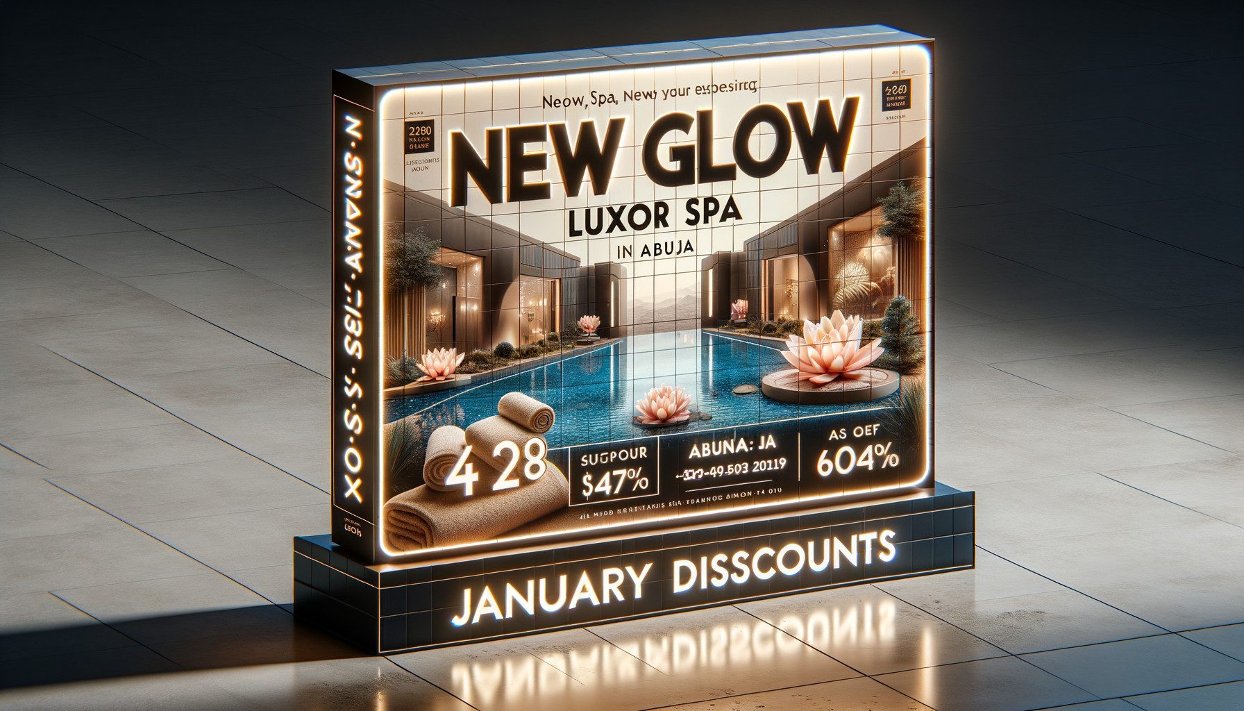 Illuminated billboard advertising Luxor Spa January discounts in Abuja