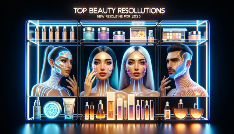 Futuristic beauty display with glowing skincare and models