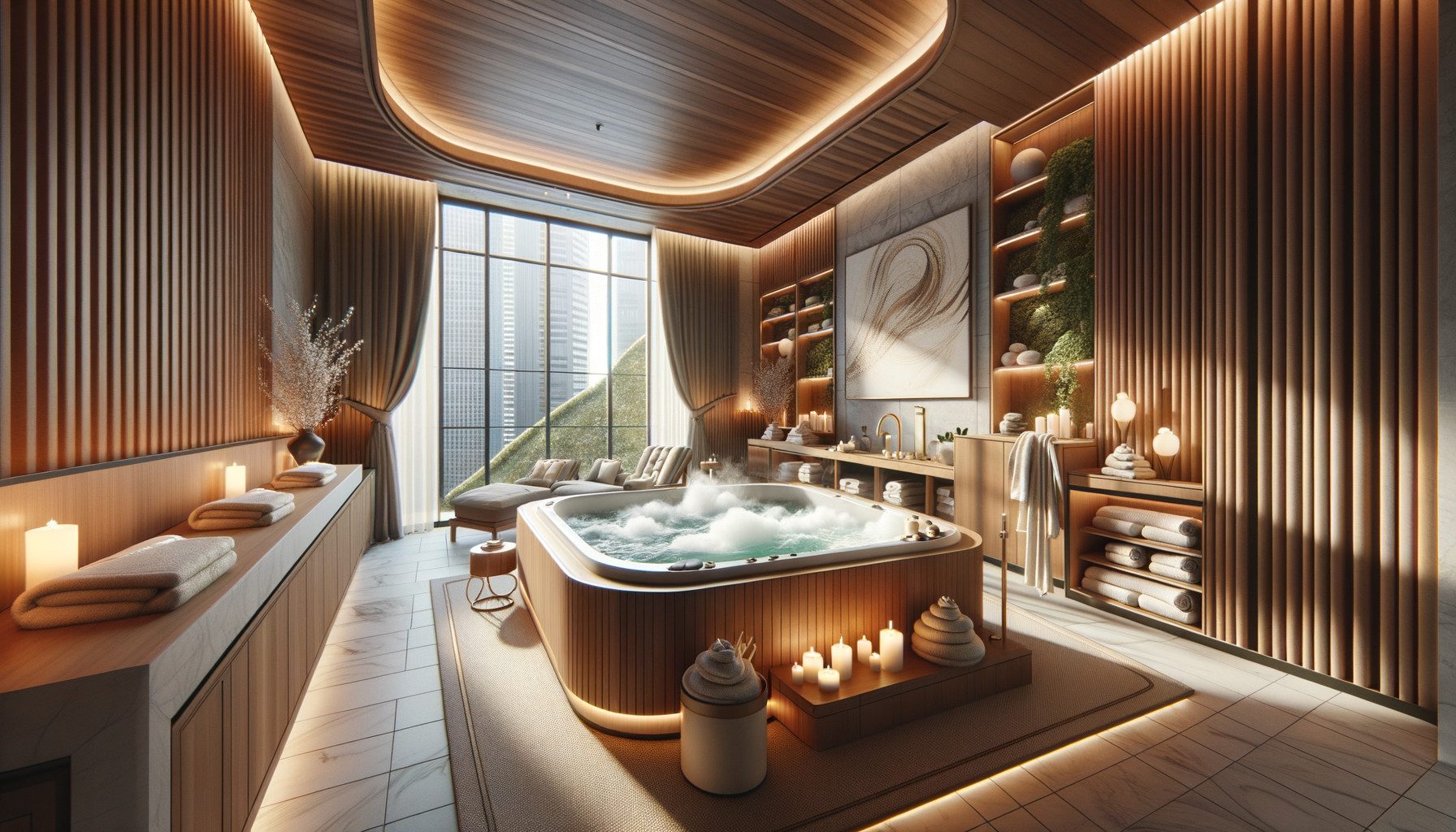 Luxury spa bathroom with jacuzzi and city view