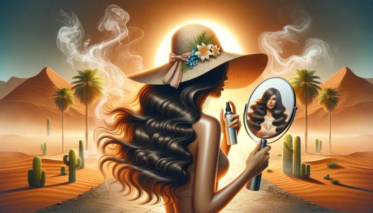 Woman spraying hair in desert at sunset