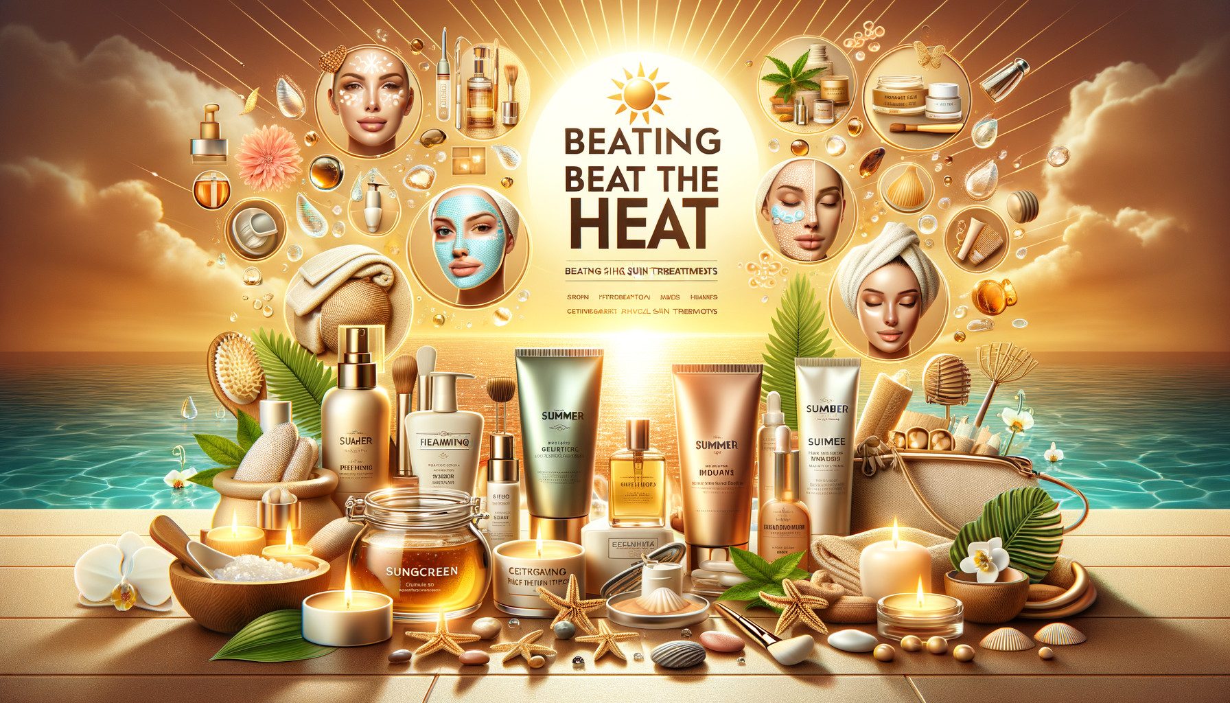 Summer skincare products displayed by sunny seaside