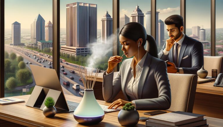 Businesswoman using laptop beside diffuser in city office
