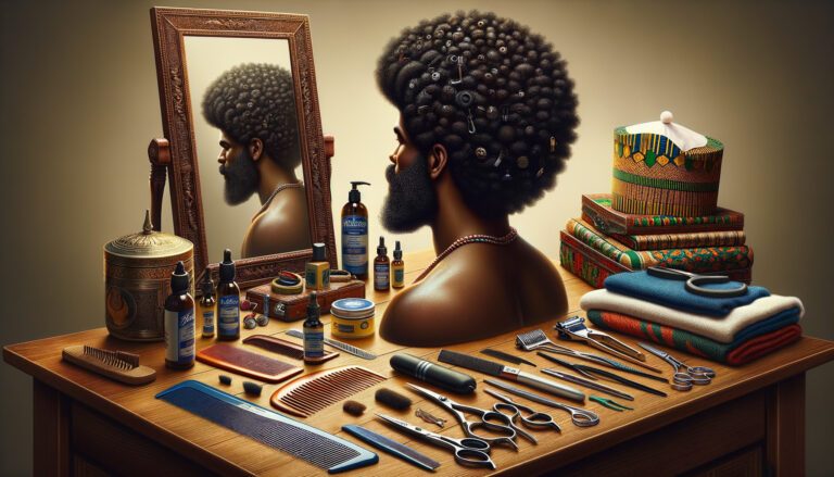 Afro hairstyle mannequin with barber tools and mirror