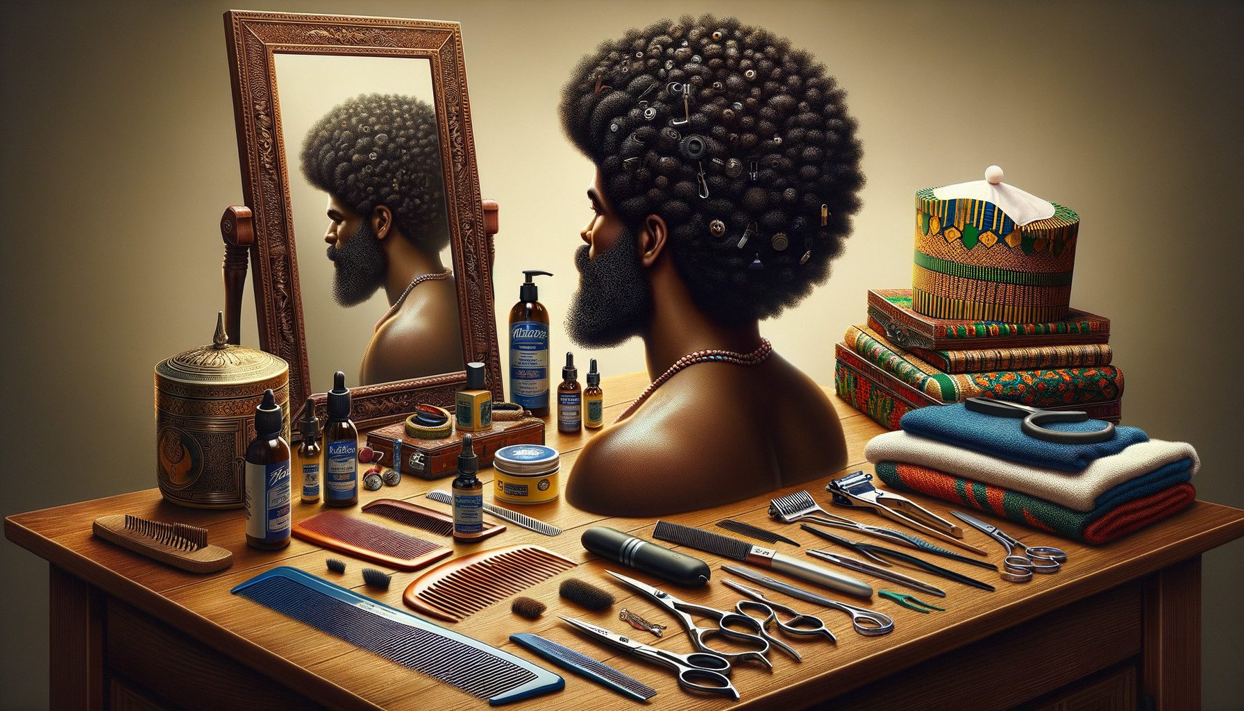 Afro hairstyle mannequin with barber tools and mirror