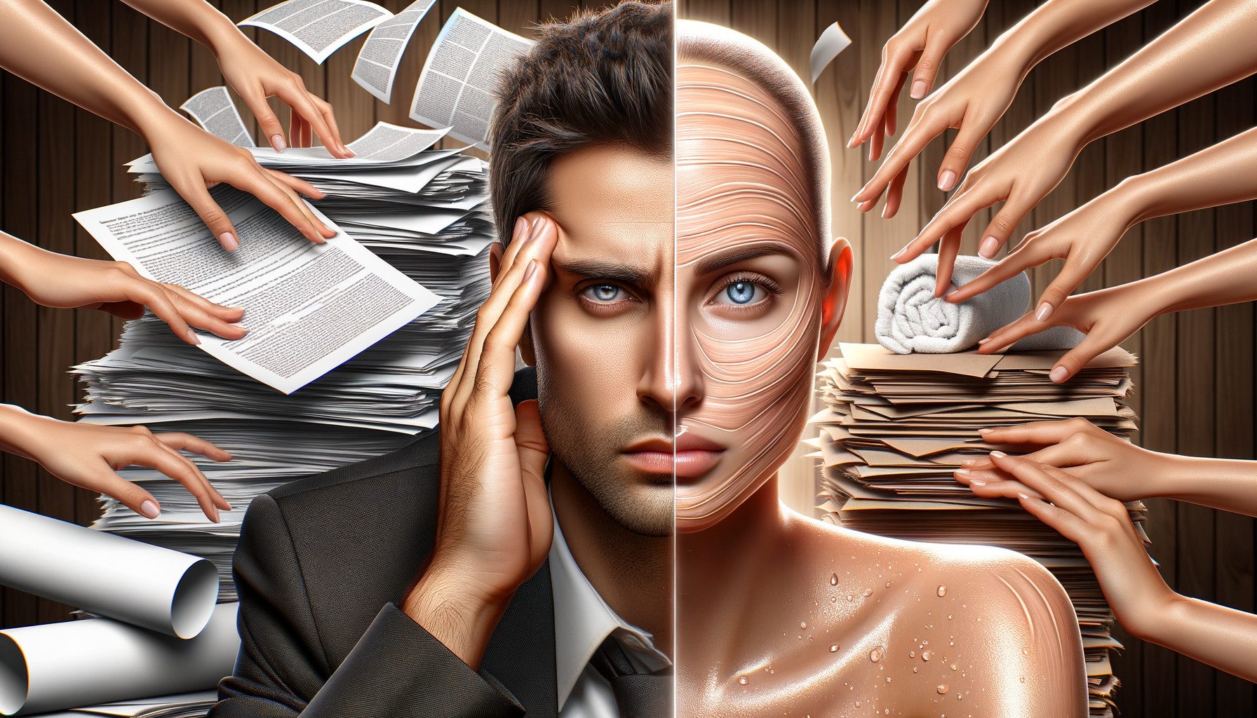 Split image of stressed businessman and spa treatment