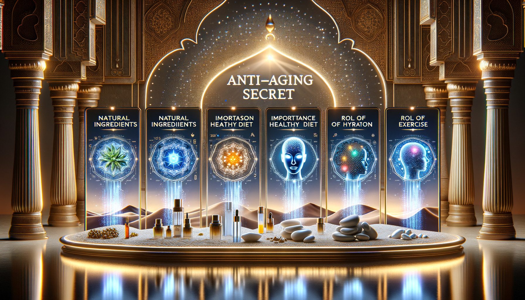Ornate anti-ageing skincare display with wellness panels