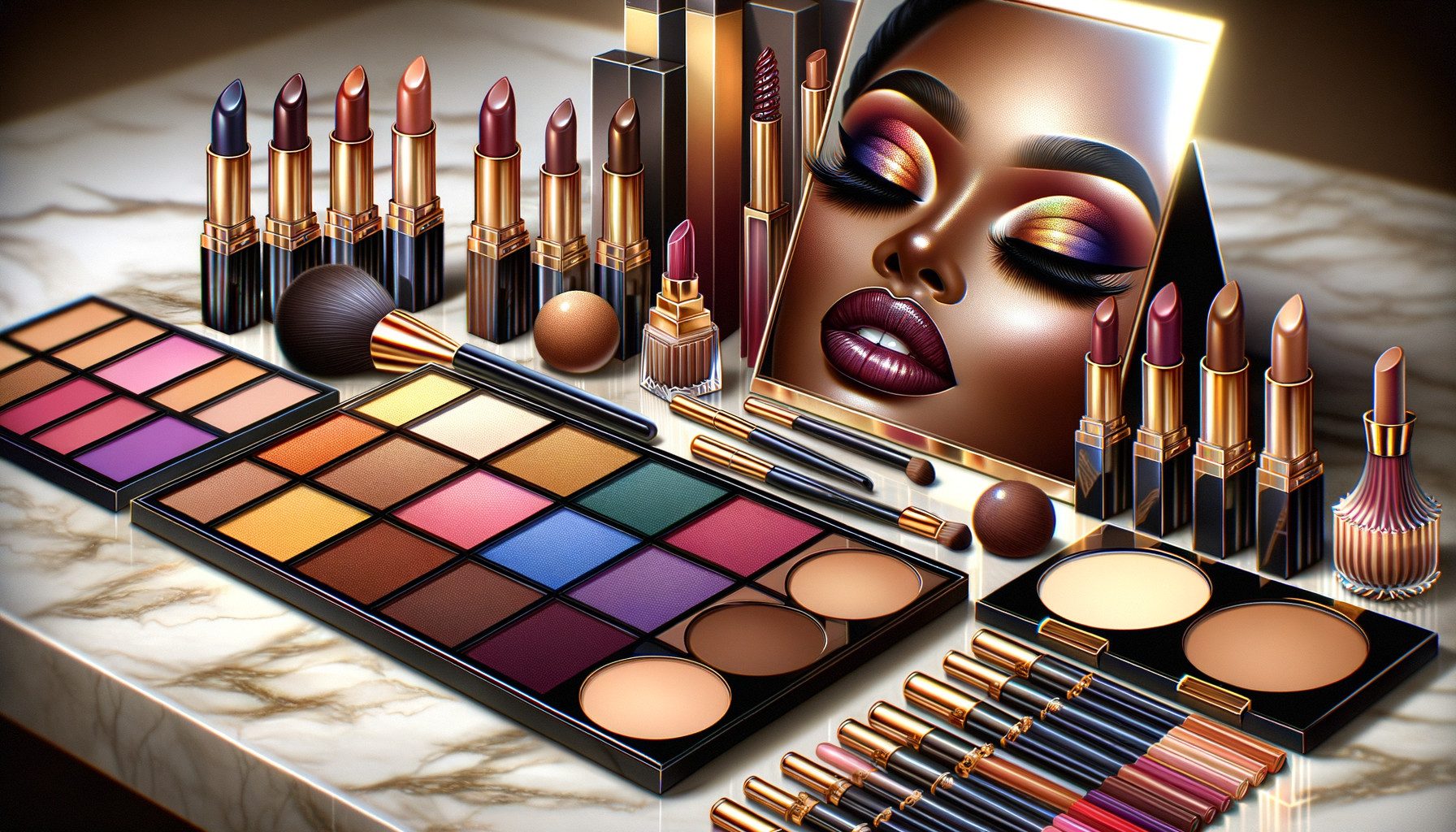 Luxury makeup collection with lipsticks and eyeshadow palettes