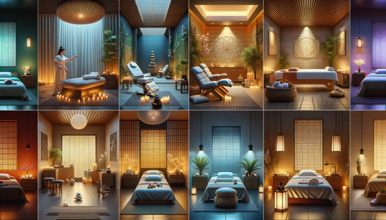 Serene spa treatment rooms with candles and massage tables