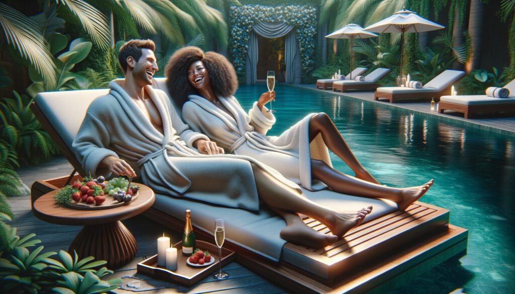 Couple relaxing poolside with champagne at luxury spa