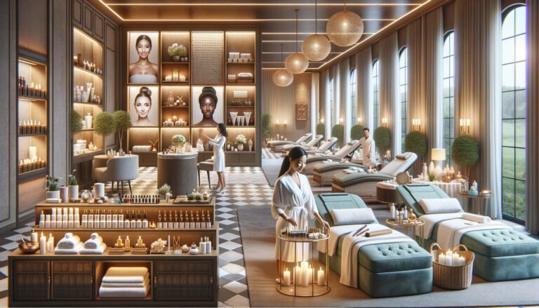 Luxury spa interior with treatment beds and skincare products
