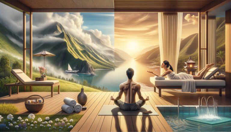 Luxury spa overlooking mountain lake and sunset valley