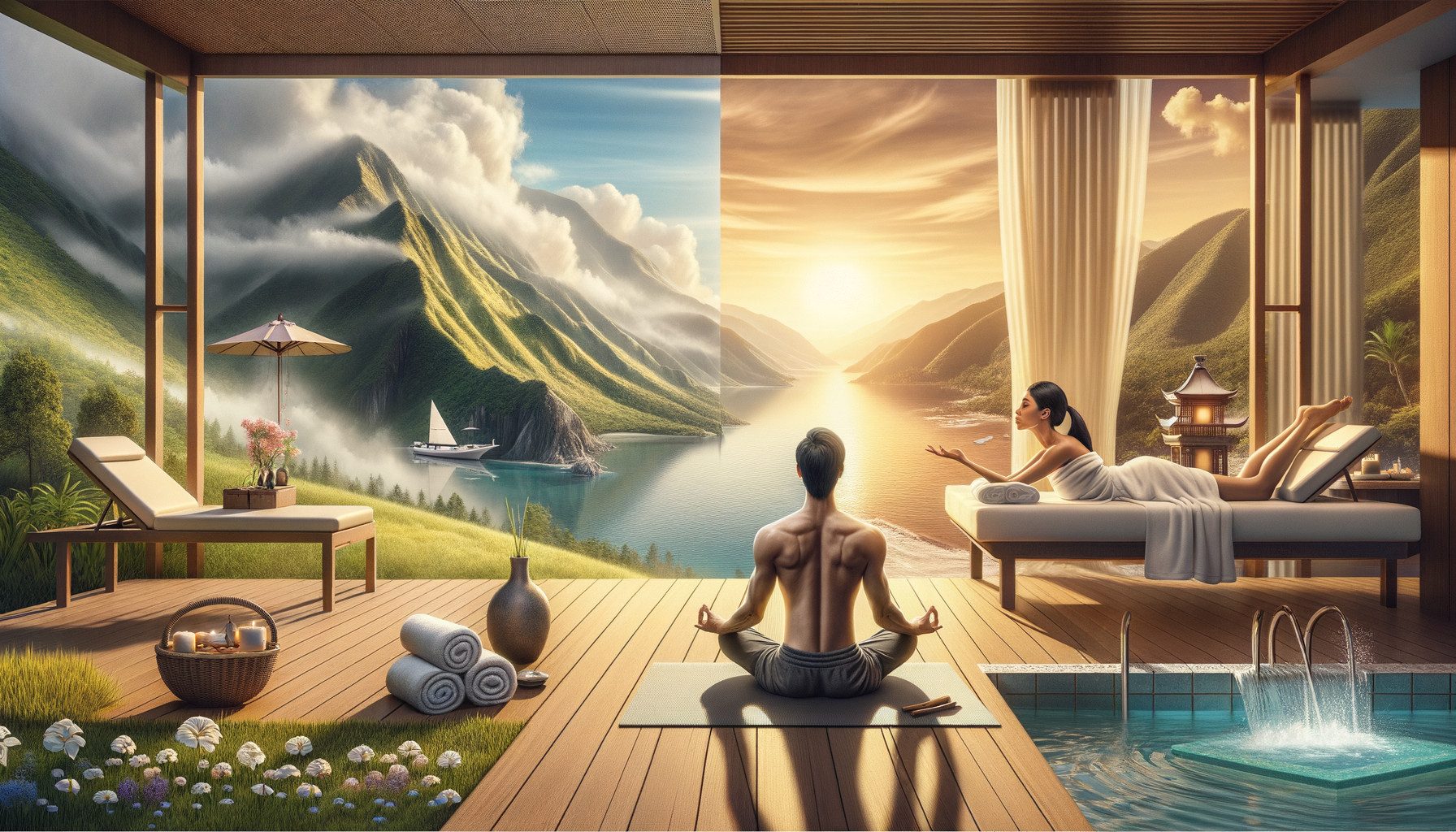 Luxury spa overlooking mountain lake and sunset valley