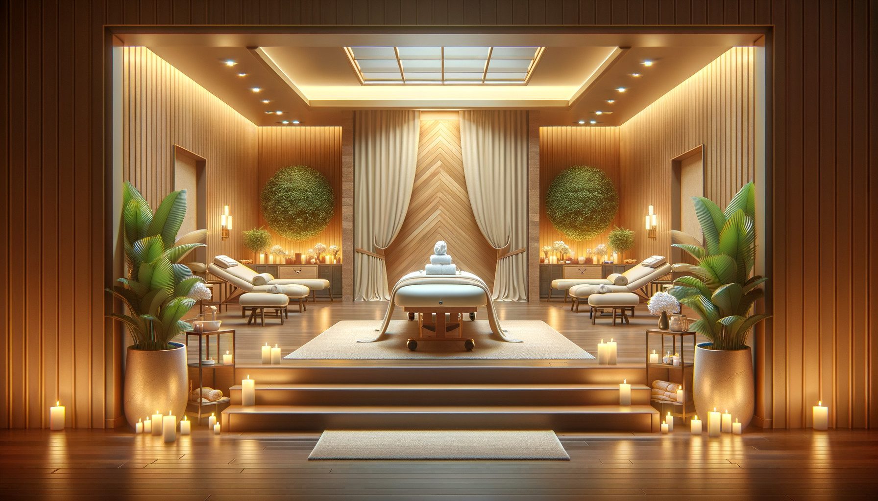 Luxurious spa room with massage tables and candles