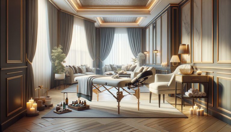 Luxury spa room with massage table and candles
