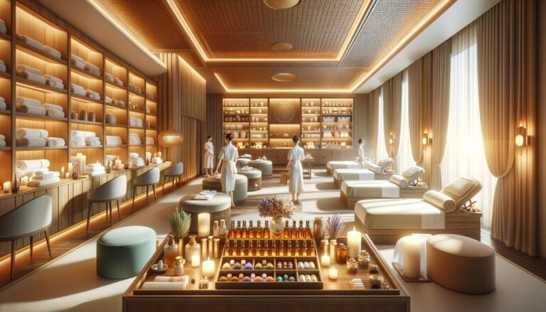 Luxury spa interior with massage beds and candles