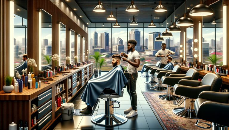 Modern barbershop with city skyline and clients