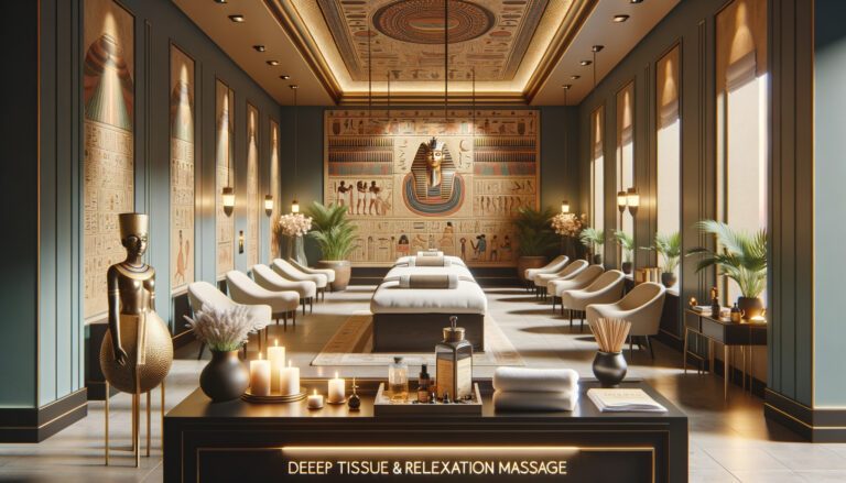 Egyptian-themed spa room with massage tables and candles