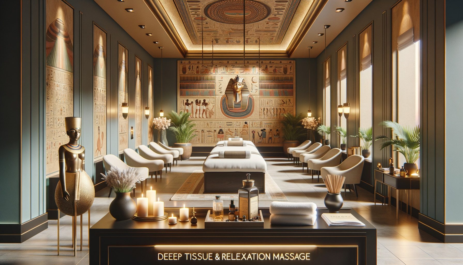 Egyptian-themed spa room with massage tables and candles