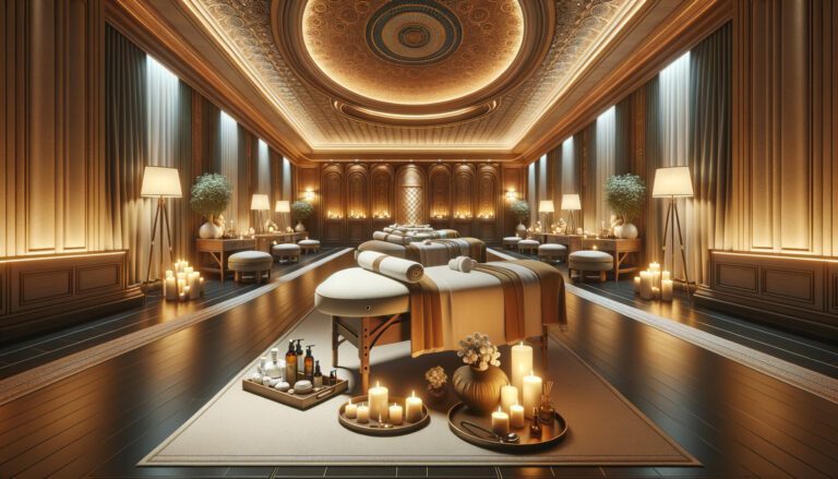 Luxurious spa room with massage tables and candles