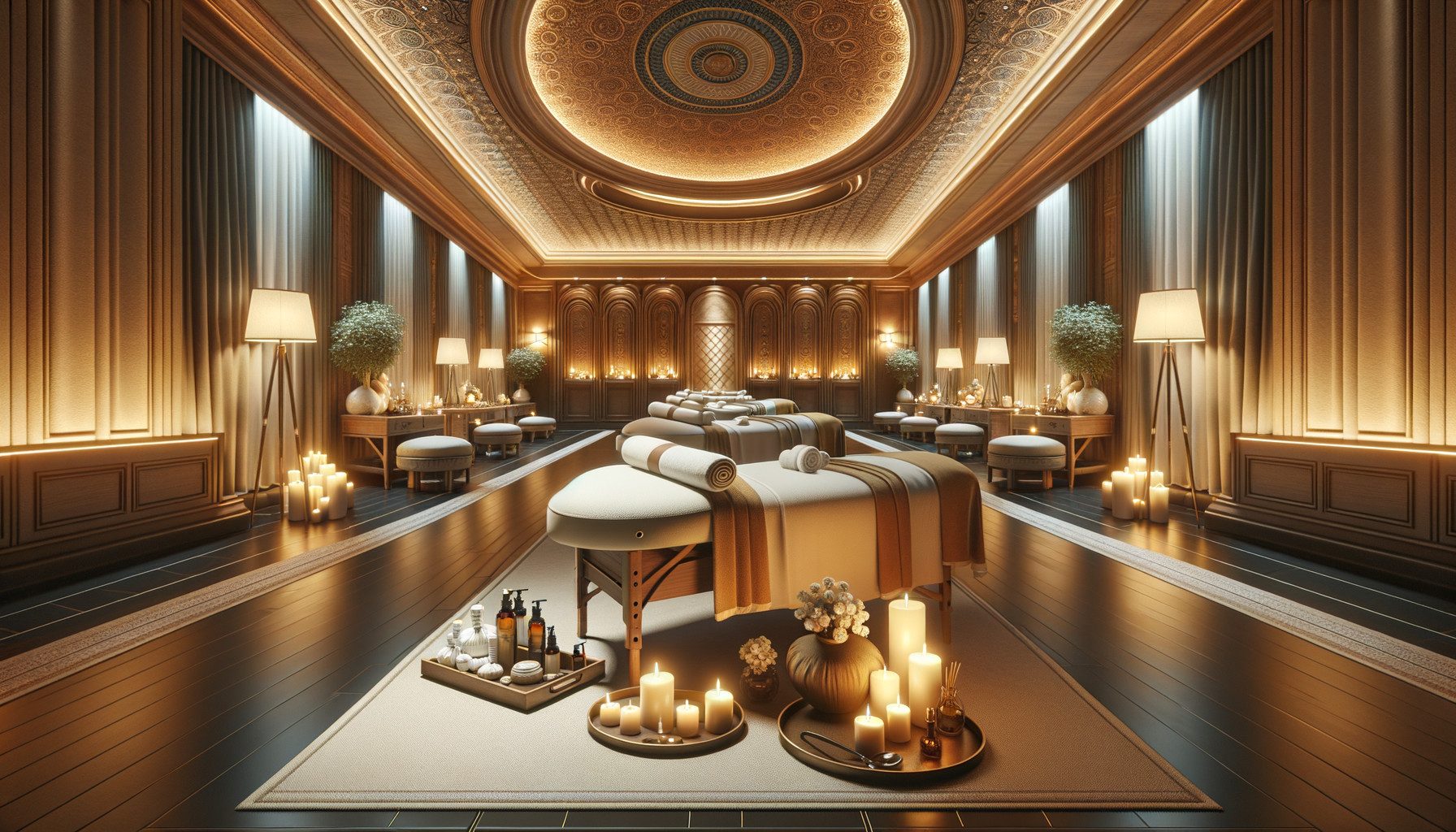 Luxurious spa room with massage tables and candles