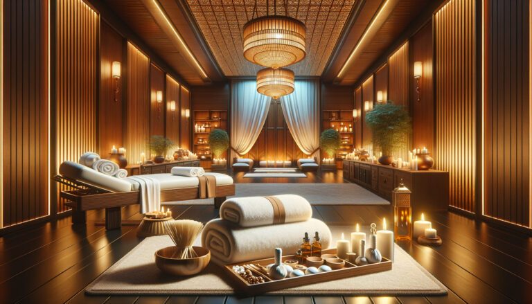 Luxurious candlelit spa room with massage table