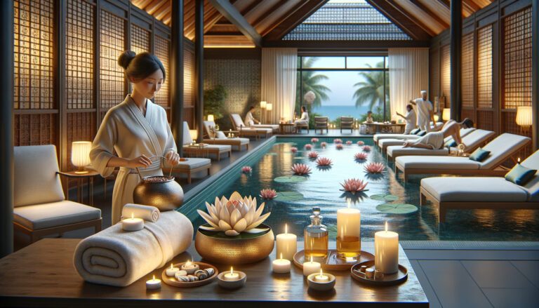 Luxury spa pool with candles and lotus flowers