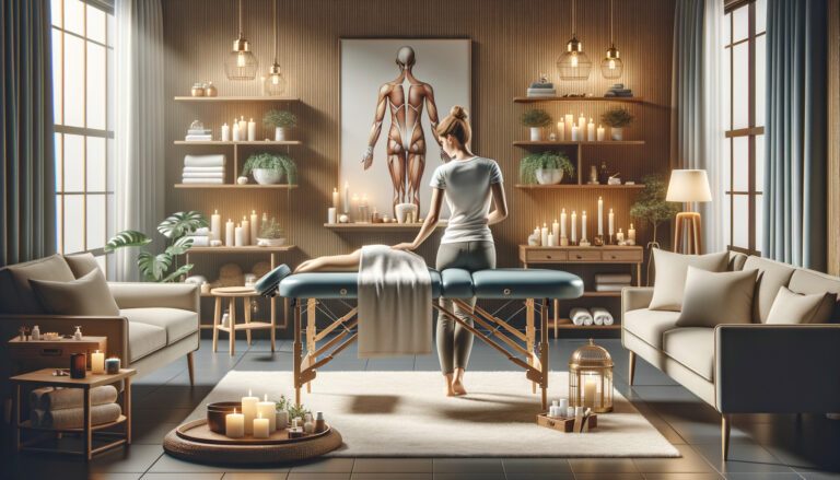 Massage therapist treating client in candlelit spa room