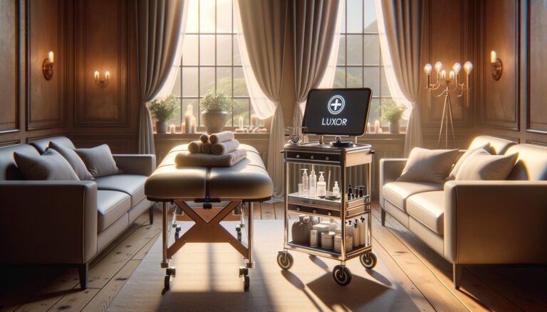 Luxury spa treatment room with massage table and equipment