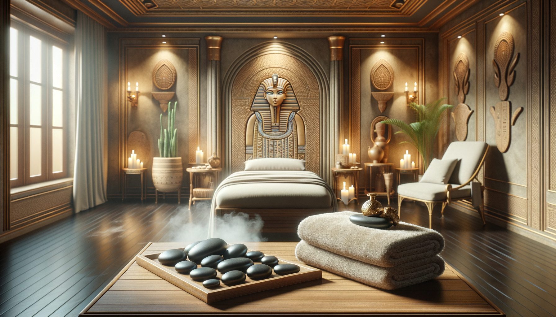 Egyptian-themed spa room with massage table and candles