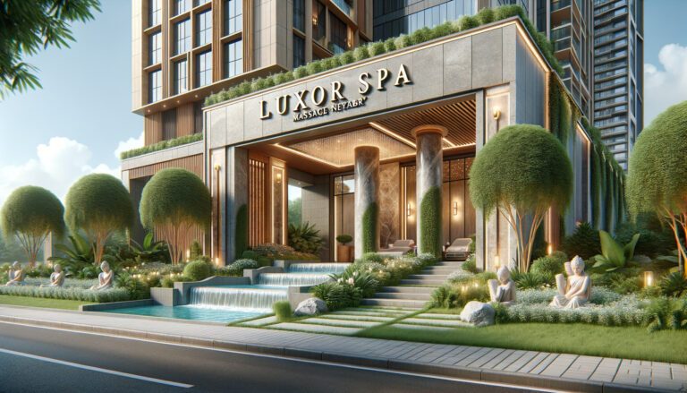 Luxury spa entrance with waterfall and landscaped gardens